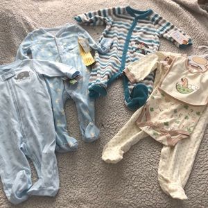 4 new footie pjs with tags! Cute blue and beige!